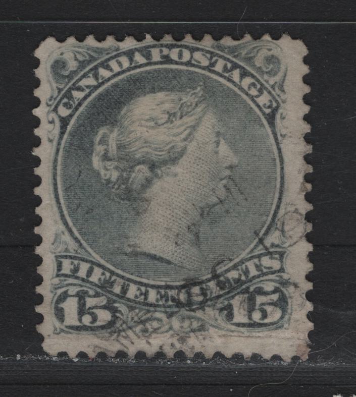 Lot 56 Canada #30iv 15c Greenish Gray , 1868-1876 Large Queen Issue, A Very Good Used Single, Late Montreal Printing, LM-A Paper, Perf 121, Sealed Cut In Lower Margin.