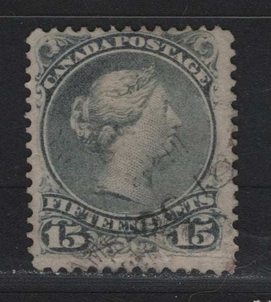 Lot 56 Canada #30iv 15c Greenish Gray , 1868-1876 Large Queen Issue, A Very Good Used Single, Late Montreal Printing, LM-A Paper, Perf 121, Sealed Cut In Lower Margin.