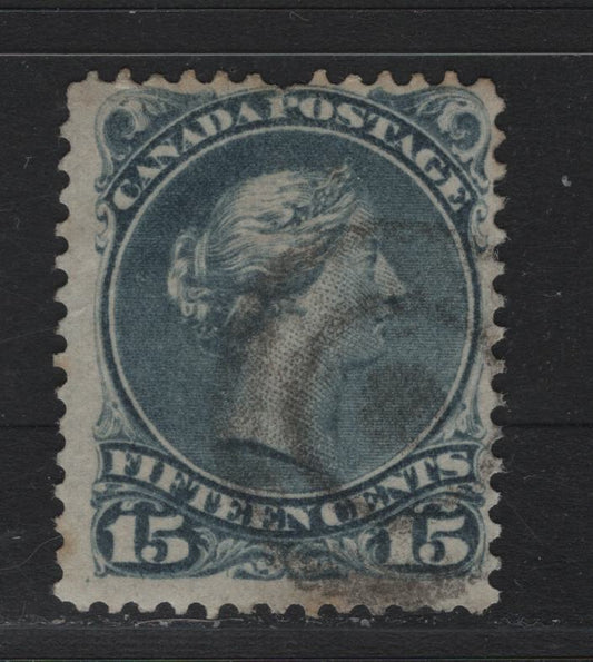 Lot 56A Canada #30b 15c Slate Blue , 1868-1876 Large Queen Issue, A Very Good Used Single, Late Montreal Printing, LM-O Paper, Perf 12.1, Position Dot Under LL Scroll.