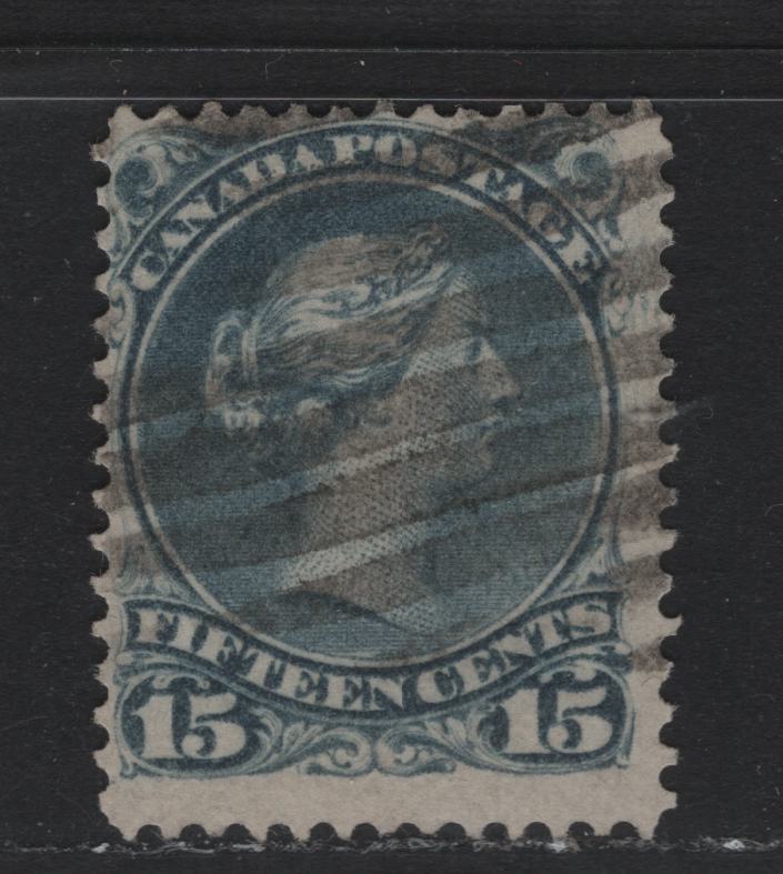 Lot 58 Canada #30b 15c Slate Blue , 1868-1876 Large Queen Issue, A Very Good Used Single, Late Montreal Printing, LM-O Paper, Pos. Dot Under LL Scroll, Perf 12.2.