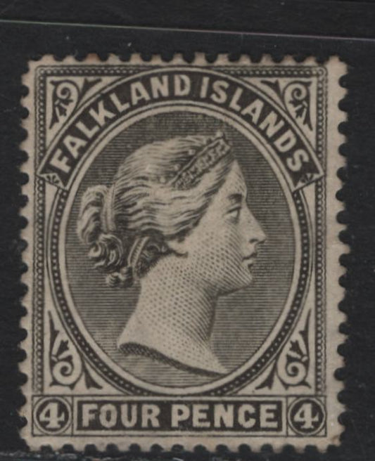 Lot 6 Falkland Islands SG#12 4d Olive Gray Black , 1889-1891 Queen Victoria Keyplates Issue, A FOG Single, Upright Crown CA Wmk, Bradbury Wilkinson Printing