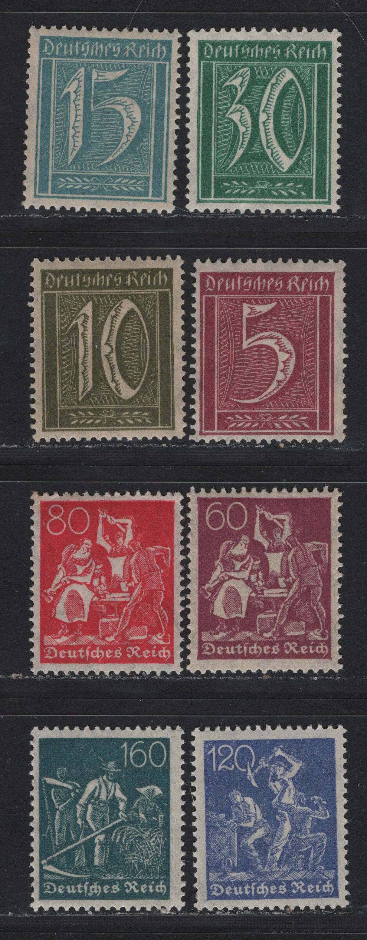 Lot 61 Germany SC#137/149 (158/170) 5pf - 160pf Claret - Slate Green , 1921 Numeral, Farmers, Iron Workers & Miners Issue, 5 F/VFNH Singles, Lozenges Wmk