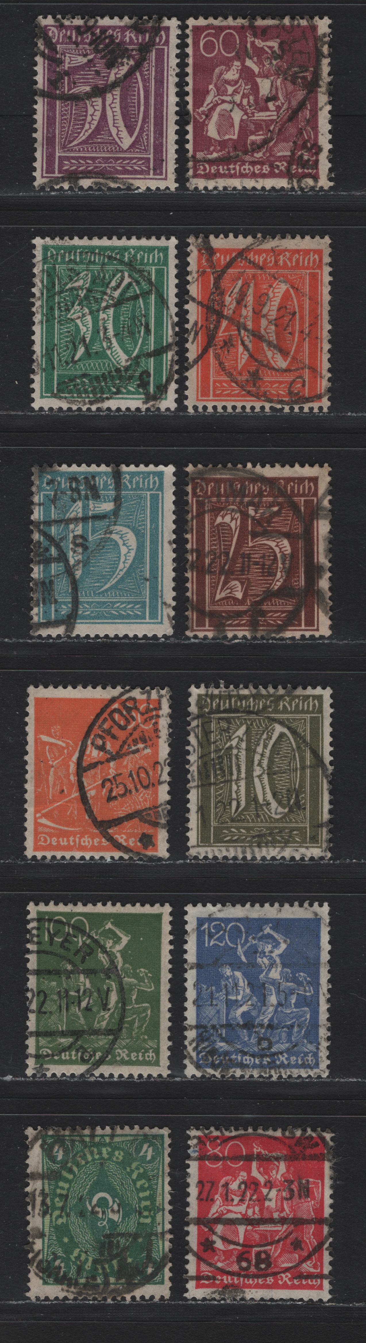Lot 68 Germany SC#138/152 (159a/173) 10pf - 4pf Olive Green - Deep Green & Yellow Green , 1921 Numeral, Farmers, Iron Workers & Miners Issue, 11 Fine/Very Fine Used Singles, Postally Used Examples