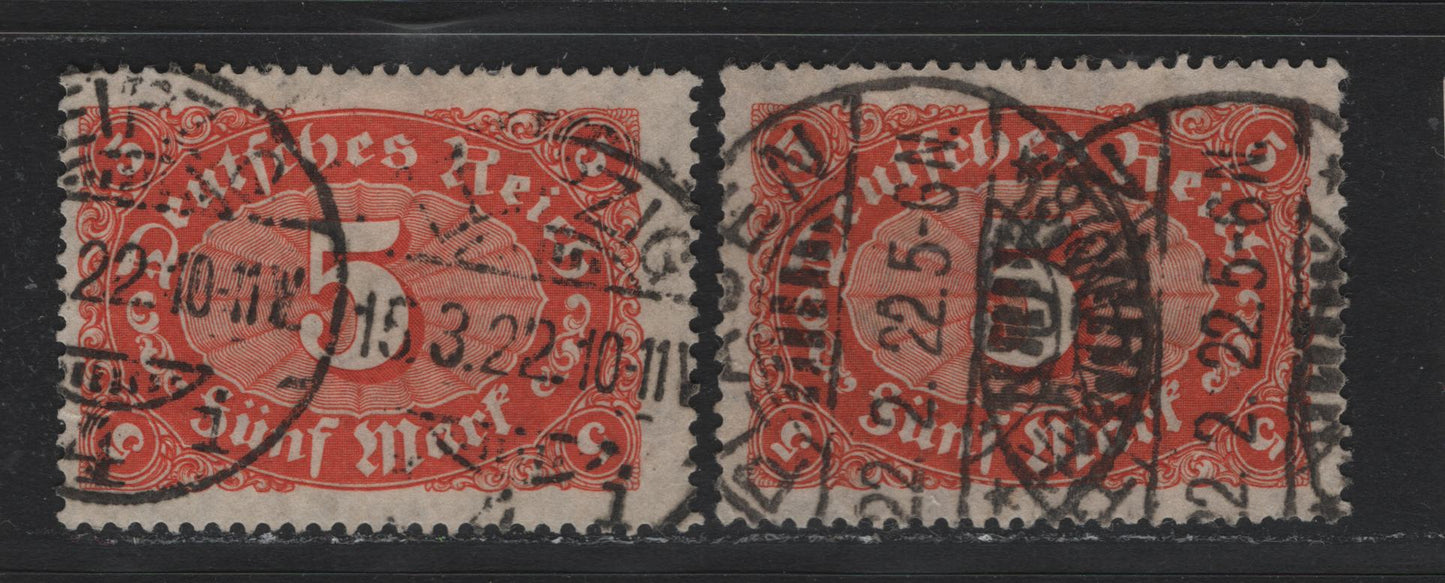 Lot 70 Germany SC#153,b (174a/c) 5m Red Orange - Reddish Orange , 1921 Numeral, Farmers, Iron Workers & Miners Issue, 2 Fine Used Singles, Postally Used Examples, Scarcer Shade & Much More Common Reddish Orange Shade