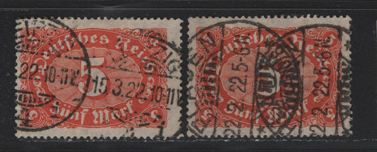 Lot 70 Germany SC#153,b (174a/c) 5m Red Orange - Reddish Orange , 1921 Numeral, Farmers, Iron Workers & Miners Issue, 2 Fine Used Singles, Postally Used Examples, Scarcer Shade & Much More Common Reddish Orange Shade