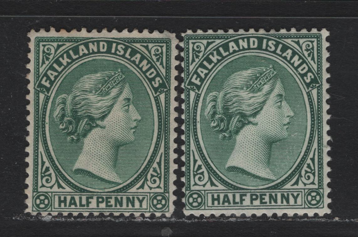 Lot 7 Falkland Islands SG#15-16 1/2d Blue Green & Green , 1891-1902 Queen Victoria Sideface Issue, 2 FOG Single, Bradbury Wilkinson Printing, Crown CA Wmk