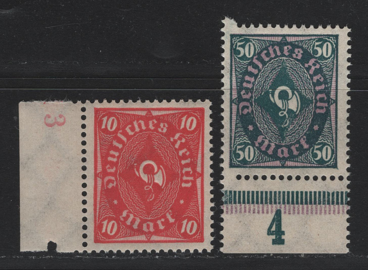 Lot 71 Germany SC#181, 184 (206w, 209p) 10m Lively Lilac Red - Lively Brown Purple , 1921-1922 Numeral, Worker & Post Horn Issue, 2 VFNH Singles, Sheet margin Rotary Press & Flat Plate Printings, Plate Or Counter Numbers