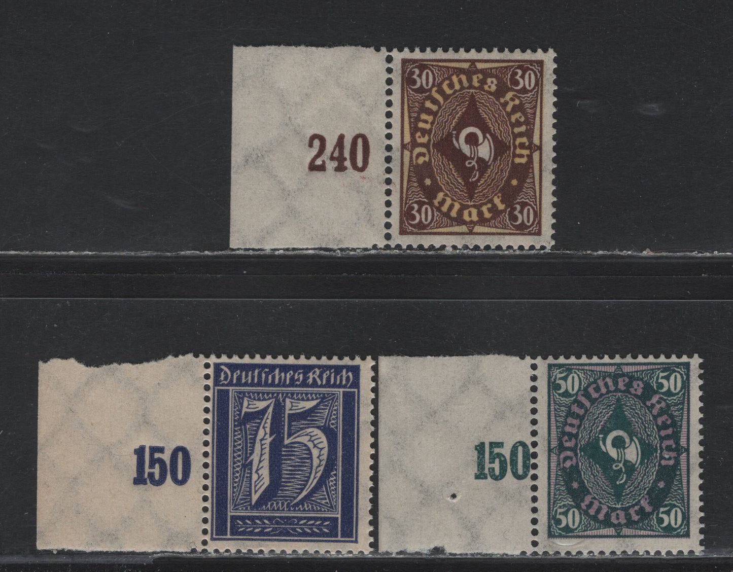 Lot 72 Germany SC#170, 1863-184 (185m 208P, 209P) 75pf - 30m Deep Ultramarine - Lively Brown Purple , 1921-1922 Numeral, Worker & Post Horn Issue, 3 F/VFNH Singles, Flat Plate Printings From Left Margin Of The Sheet, Showing Counting Numbers