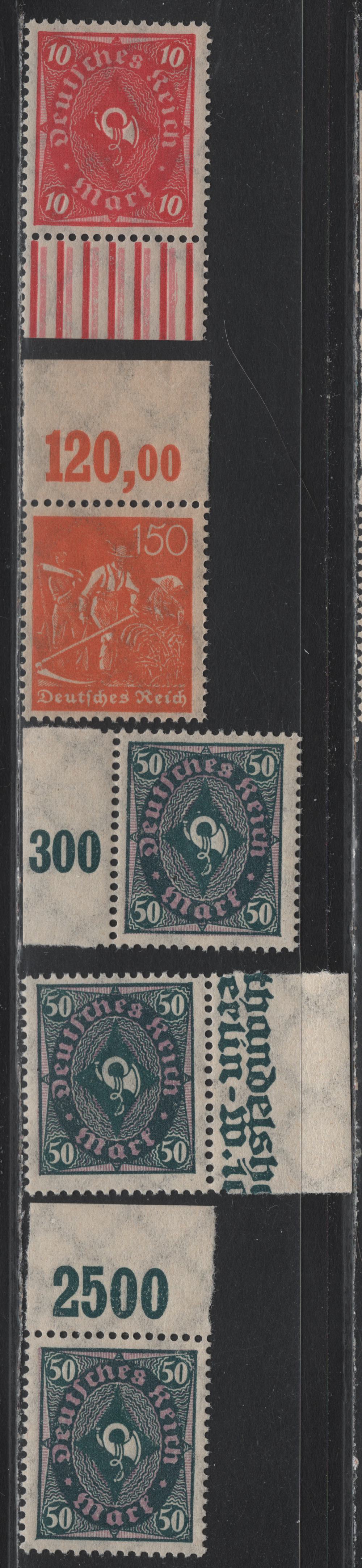 Lot 73 Germany SC#175, 181, 184 (189, 206w, 209P, 204POR) 150pf - 50m Orange - Lively Brown Purple , 1921-1922 Numeral, Worker & Post Horn Issue, 5 F/VFNH Singles, Flat Plate & Rotary Press Printings Of The 10 & 50m, Various Markings
