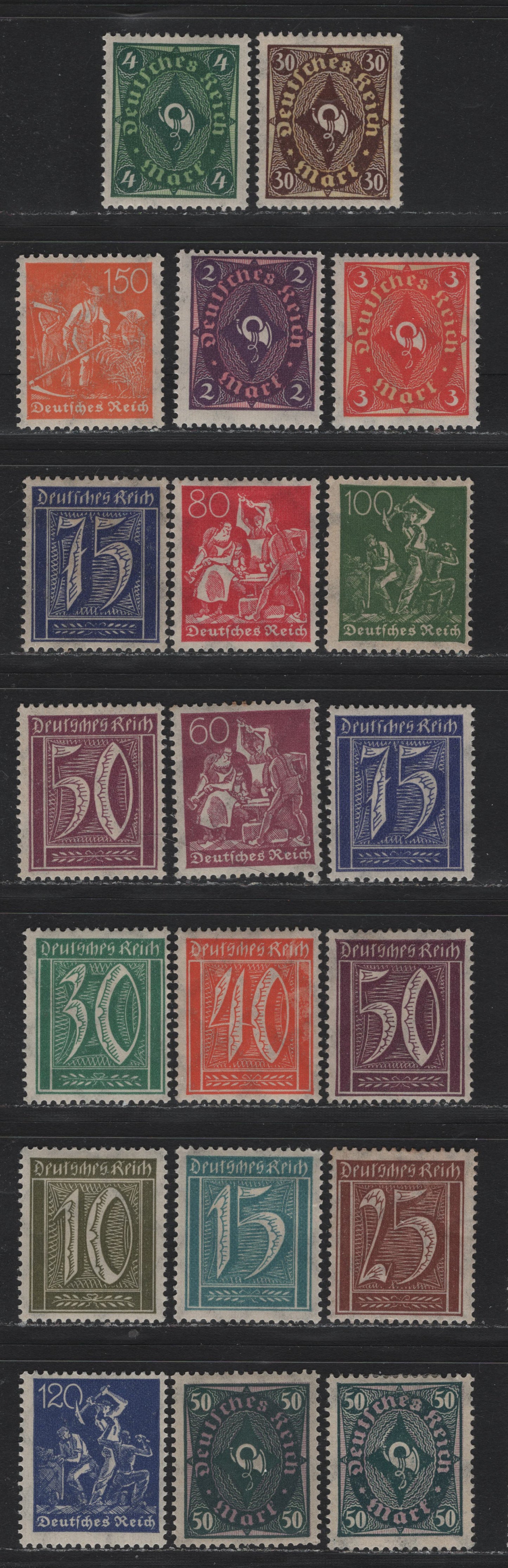 Lot 75 Germany SC#162/184 (178/193, 208P) 10pf - 50m Olive Green - Black Gray Green & Lively Brown Purple , 1921-1922 Numeral, Worker & Post Horn Issue, 20 F/VFOG Singles, Network Wmk, Extra Shades, Flat Plate & Rotary Press Printings.