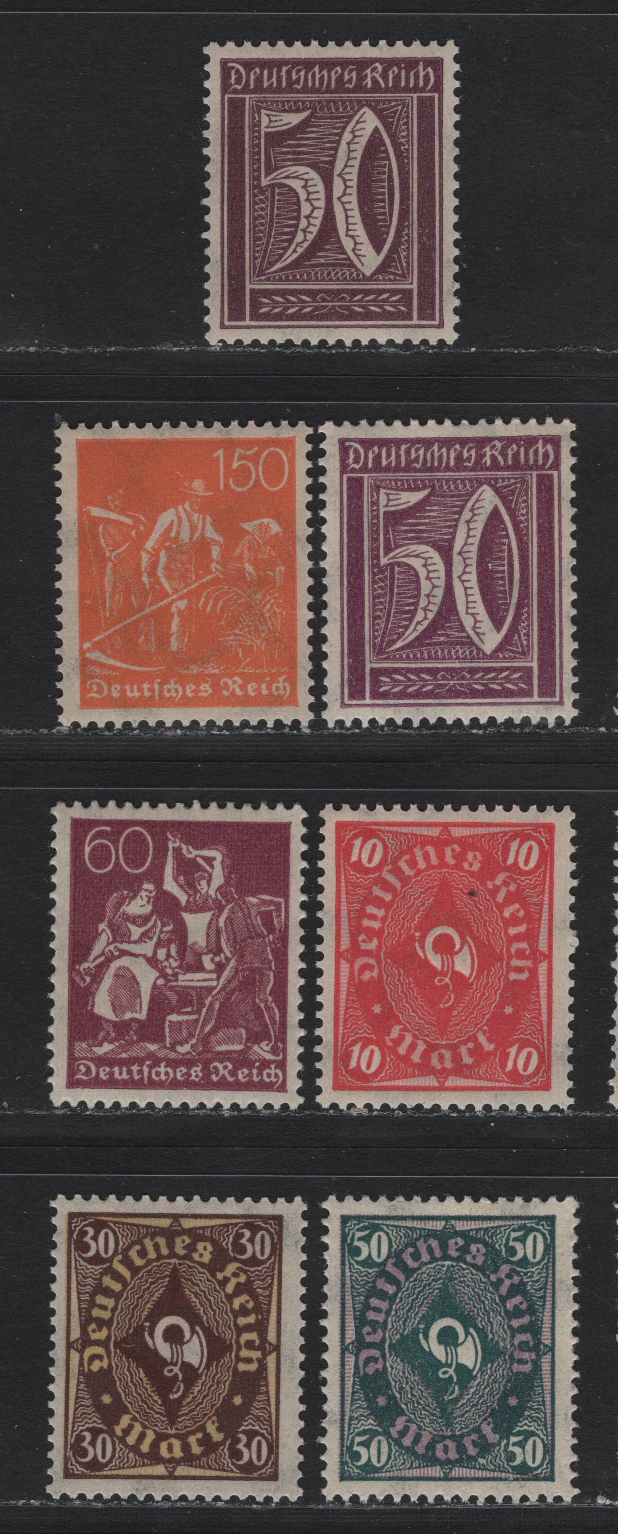 Lot 76 Germany SC#177, 182-184 (191, 2o7W, 208P, 209P, 209WA) 50pf - 50m Blackish Violet Purple - Blackish Blue Green & Pale Brown Purple , 1921-1922 Numeral, Worker & Post Horn Issue, 6 VFNH Singles, Flat Plate (30m & 50m) & Rotary (10m) Printings