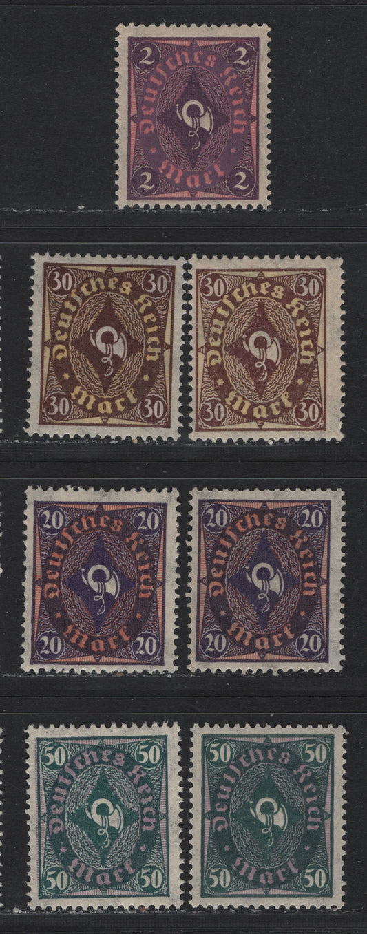 Lot 77 Germany SC#167var (183bvar) 2m - 50m Violet & Rose - Pale Brown Purple , 1921-1922 Numeral, Worker & Post Horn Issue, 7 F/VFNH Singles, Network Wmk, Selection Of Rotary Press (2m, 20m, 50m) & Flat Plate (30m & 50m) Printings, Different Shades.
