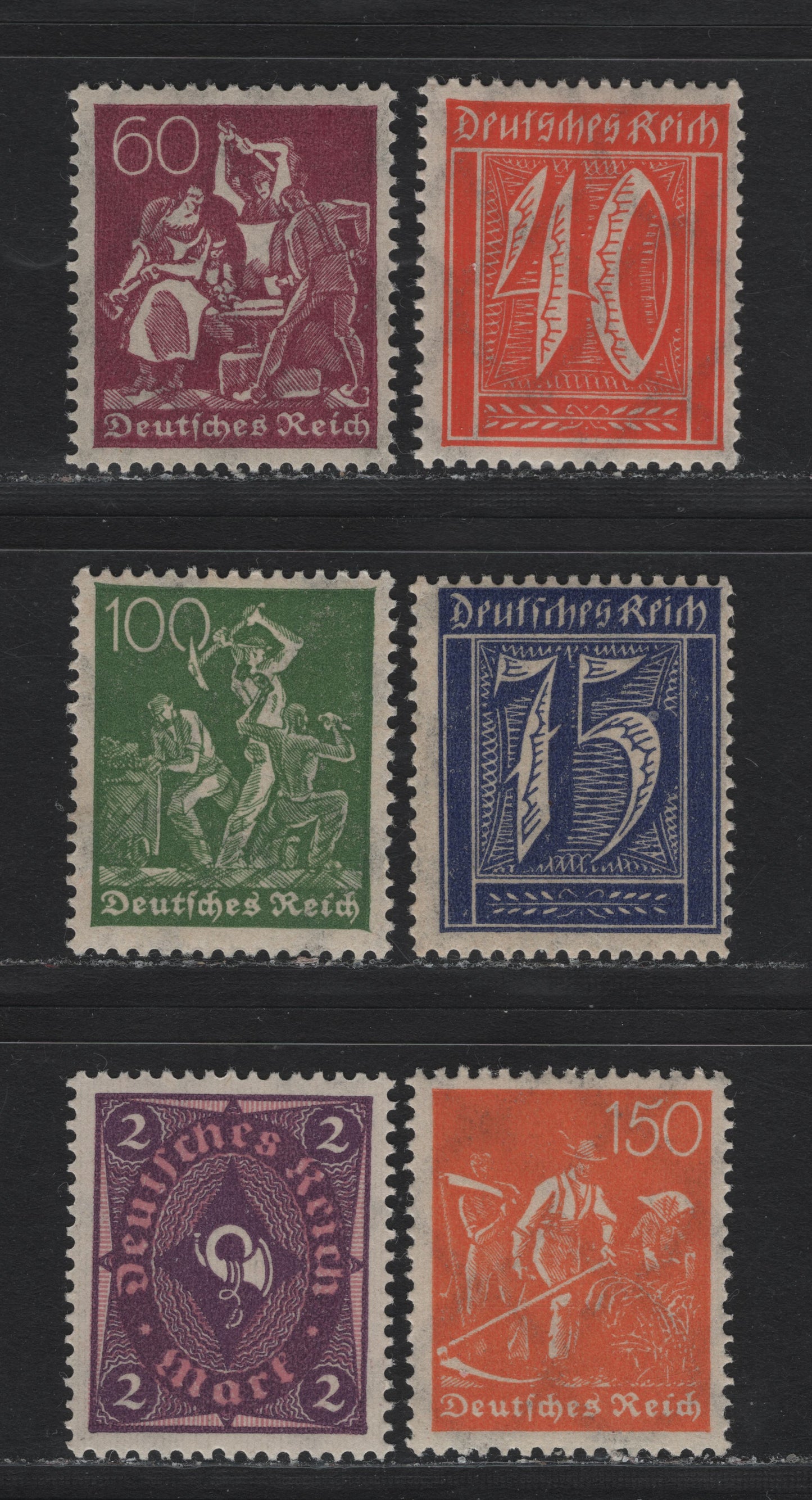Lot 80 Germany SC#184 (209WA, 209WB) 40pf - 2m Red Orange - Violet & Rose , 1921-1922 Numeral, Worker & Post Horn Issue, 6 F/VFNH Singles