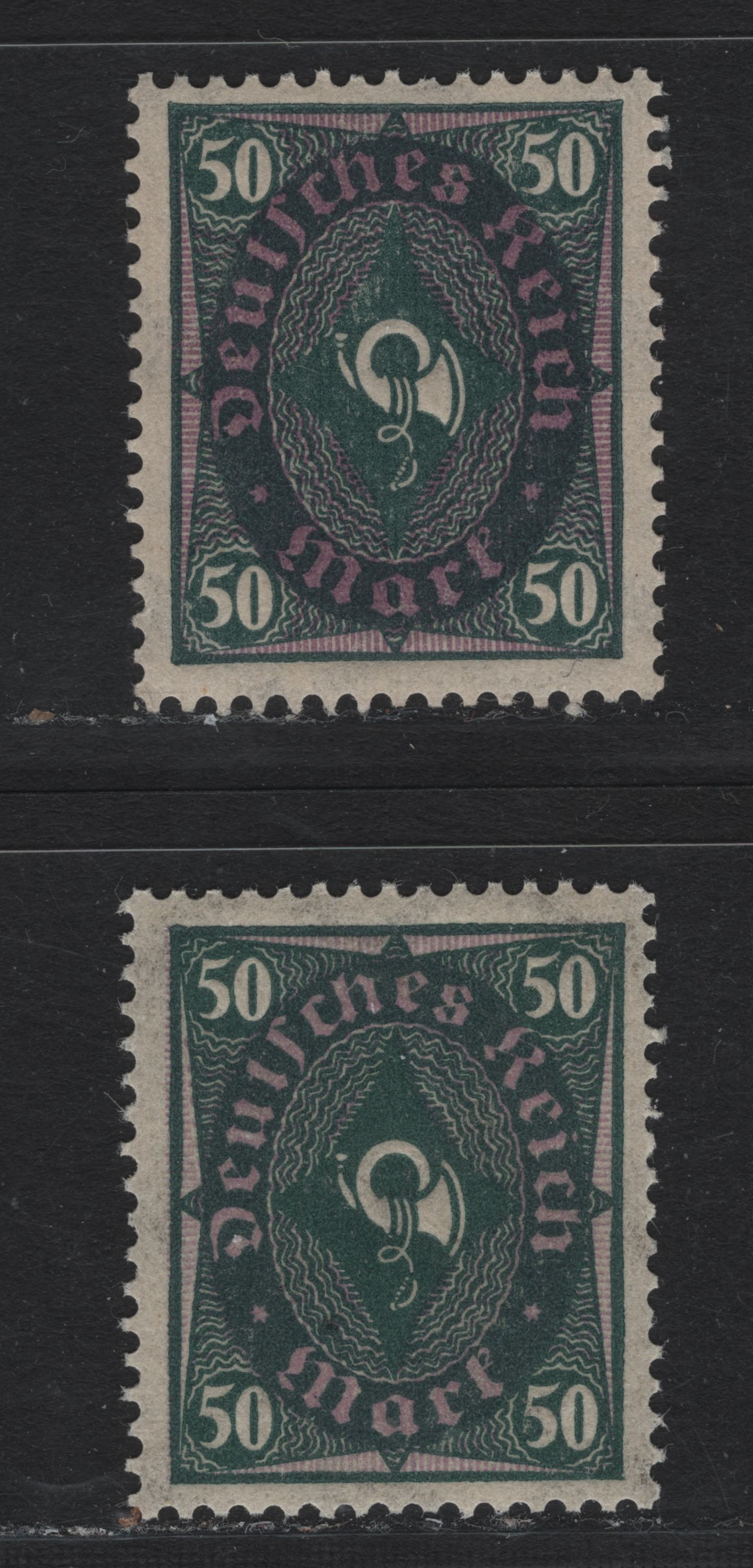 Lot 81 Germany SC#184 (209WA, 209WB) 50m Blackish Gray Green & Light Brown Pirple/Lively Brown Purple , 1921-1922 Numeral, Worker & Post Horn Issue, 2 VFNH Singles, Two Rotary Press Printings In Both Michel Listed Shades
