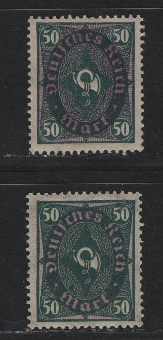 Lot 81 Germany SC#184 (209WA, 209WB) 50m Blackish Gray Green & Light Brown Pirple/Lively Brown Purple , 1921-1922 Numeral, Worker & Post Horn Issue, 2 VFNH Singles, Two Rotary Press Printings In Both Michel Listed Shades