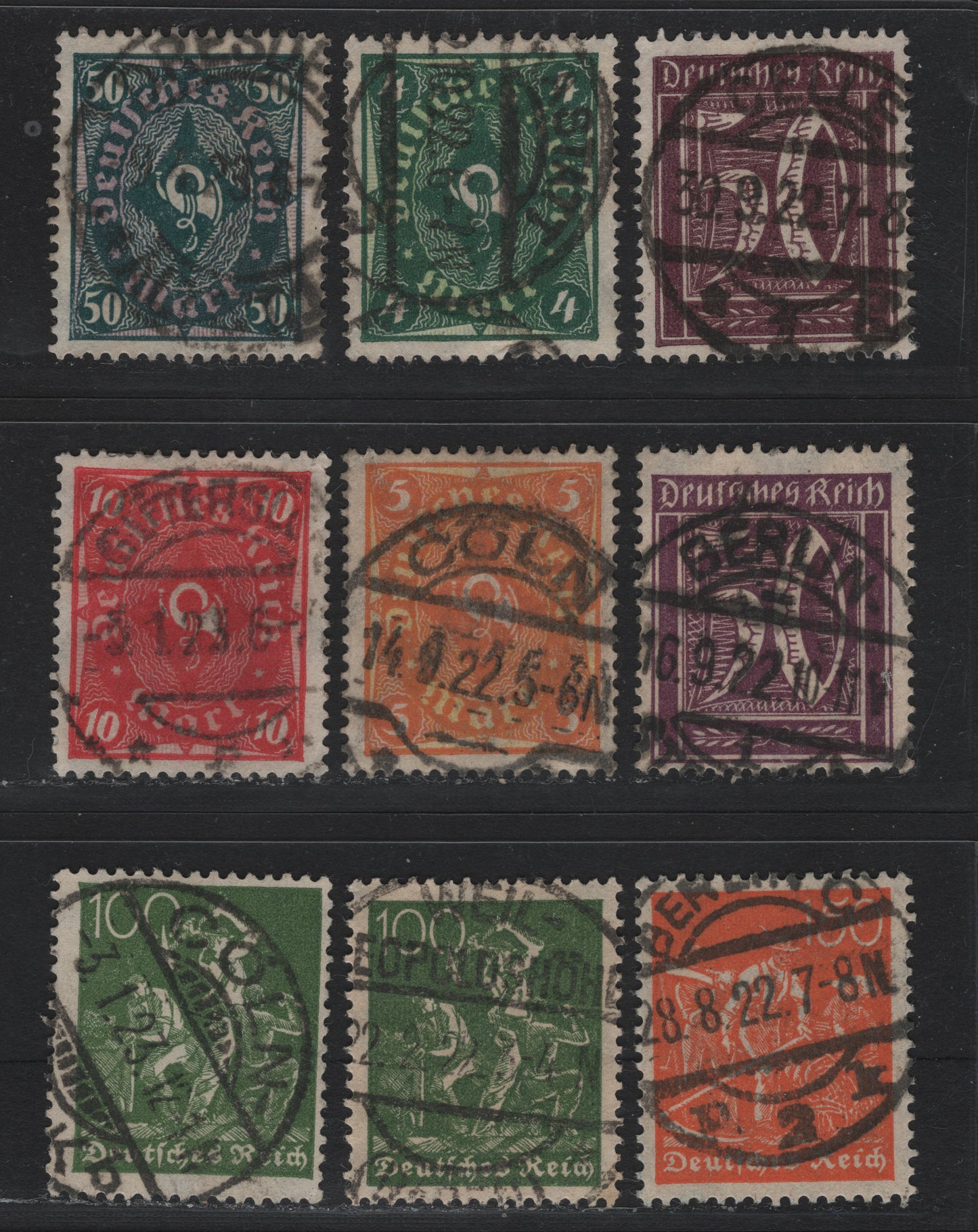 Lot 84 Germany SC#167/184 (183a-b/193, 205w, 206w, 209P) 50pf - 50m Blackish Violet Purple - Dark Bluish Gray Green & Pale Brown Purple , 1921-1922 Numeral, Worker & Post Horn Issue, 9 Fine Used Singles, Postally Used Examples, Network Wmk