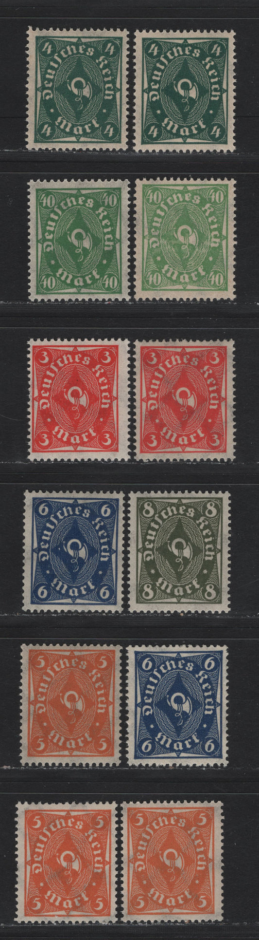 Lot 87 Germany SC#186-190, 193 (225, 226a, 227a, 228p, 229p, 232p,w) 3m - 40m Orange Red - Blackish Olive Green , 1921-1922 Numeral, Worker & Post Horn Issue, 12 F/VFNH Singles, Flate Plate & Rotary Press Printings, Different Shade