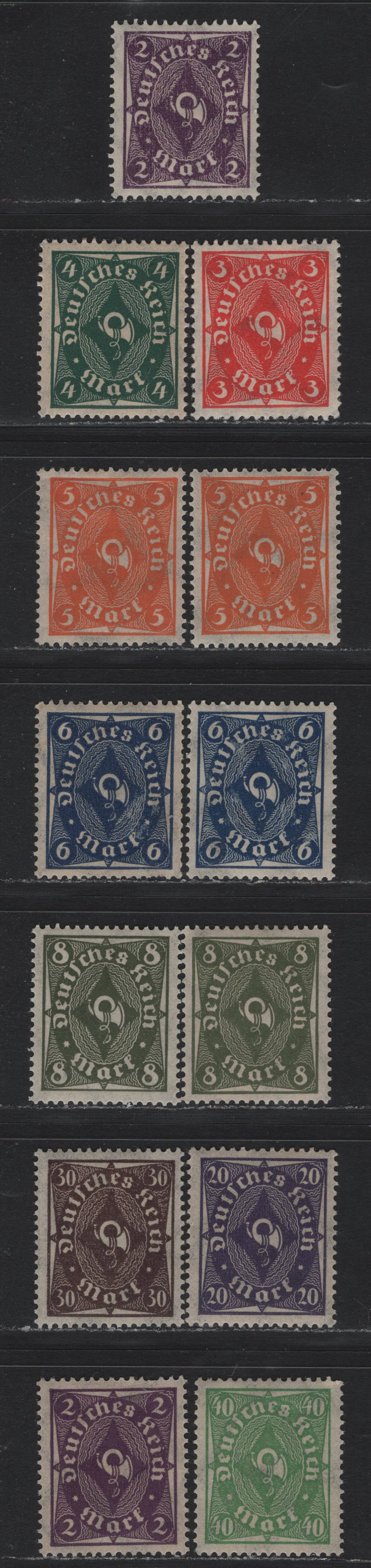 Lot 88 Germany SC#185,b, 186-193, 190a 2m - 40m Blue Violet - Yellowish Green , 1921-1922 Numeral, Worker & Post Horn Issue, 13 VFOG Singles, Full Range Of Values, Includes Both Types (Flat/Rotary Printings), Two Shades of 6m & 5m.
