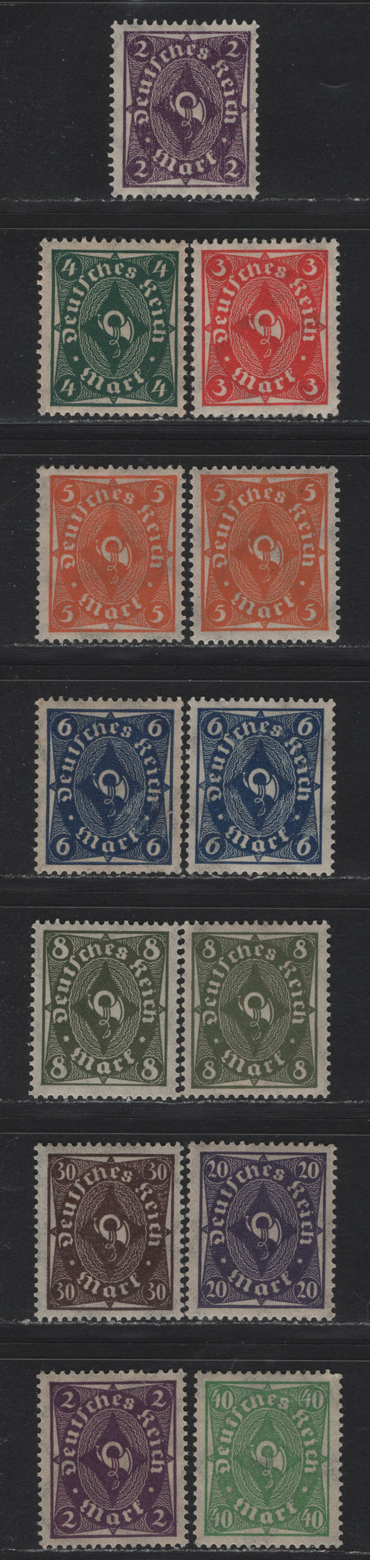 Lot 88 Germany SC#185,b, 186-193, 190a 2m - 40m Blue Violet - Yellowish Green , 1921-1922 Numeral, Worker & Post Horn Issue, 13 VFOG Singles, Full Range Of Values, Includes Both Types (Flat/Rotary Printings), Two Shades of 6m & 5m.