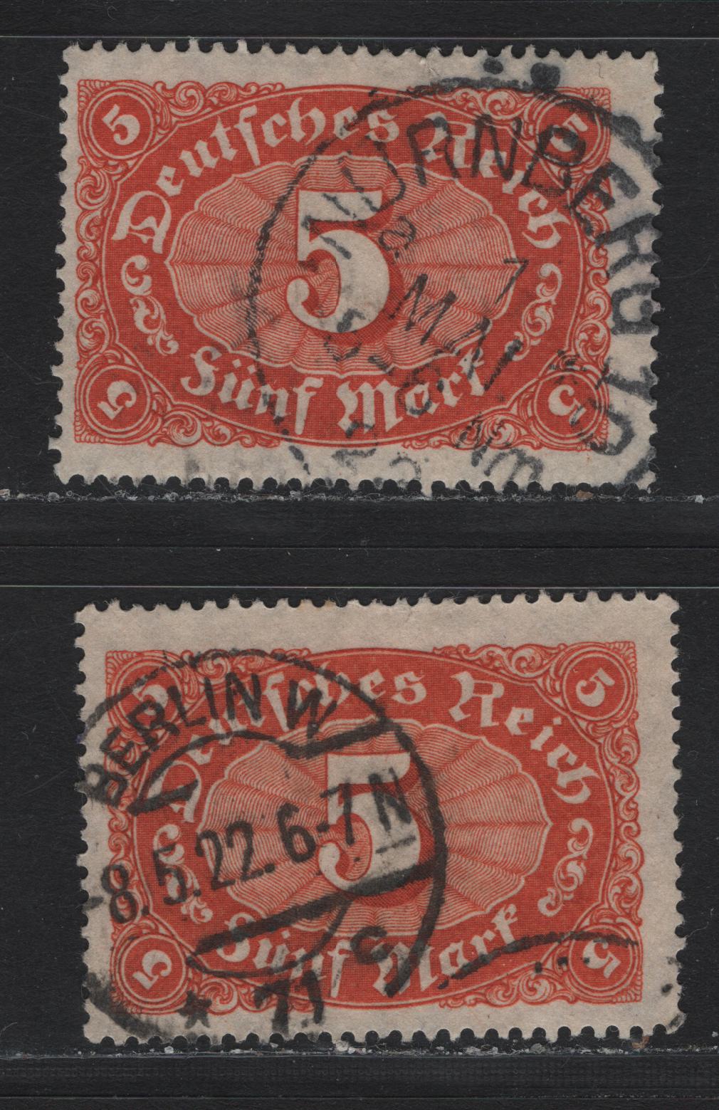 Lot 90 Germany SC#153,b (174a,c) 5m Red Orange & Reddish Orange , 1921 Numeral Issue, 2 Fine Used Singles, Lozenges Wmk, Scarce Red Orange Shade Has May 1 1922 Nurnberg Cancel, Other Has May 8 1922 Berlin Cancel.