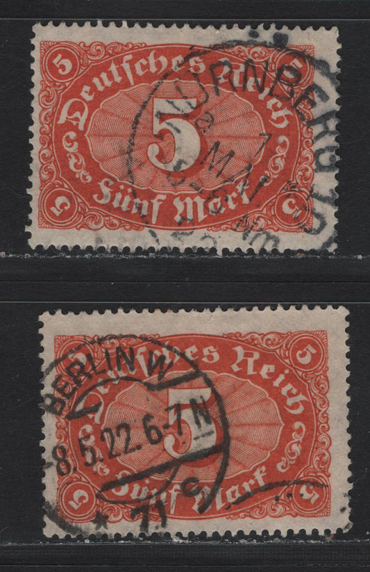 Lot 90 Germany SC#153,b (174a,c) 5m Red Orange & Reddish Orange , 1921 Numeral Issue, 2 Fine Used Singles, Lozenges Wmk, Scarce Red Orange Shade Has May 1 1922 Nurnberg Cancel, Other Has May 8 1922 Berlin Cancel.