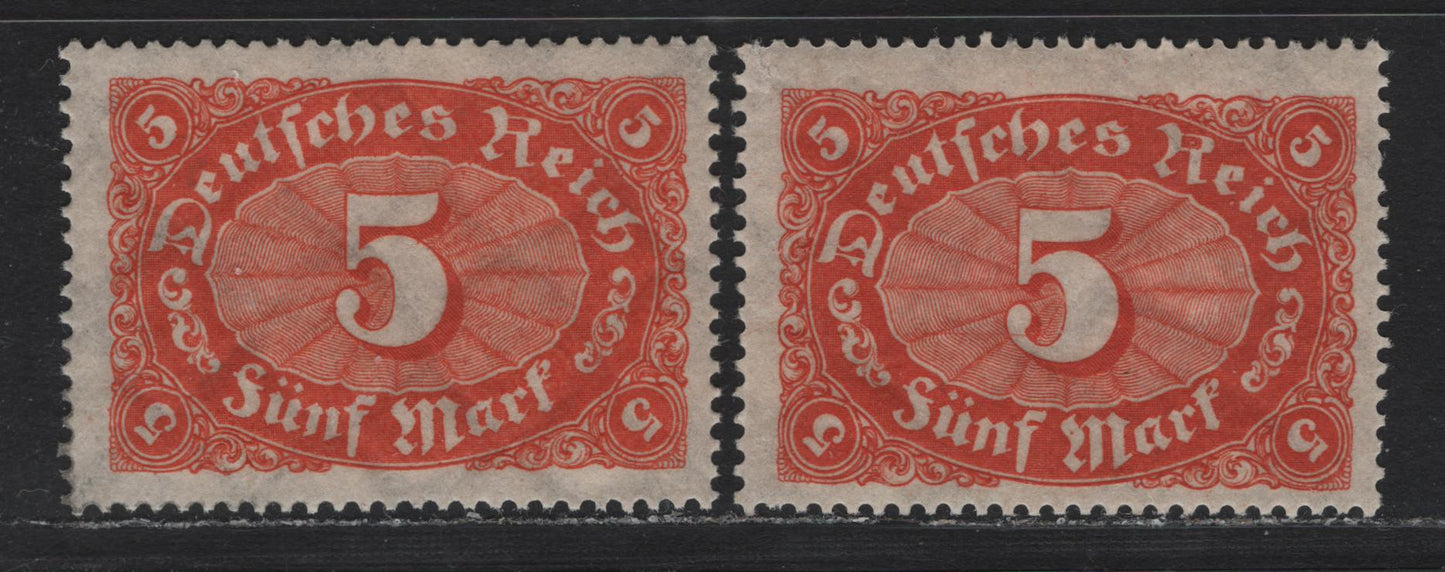 Lot 91 Germany SC#194,b (194a,c) 5m Reddish Orange & Red Orange , 1922-1923 Numeral Issue, 2 F/VFOG Singles, Network Wmk