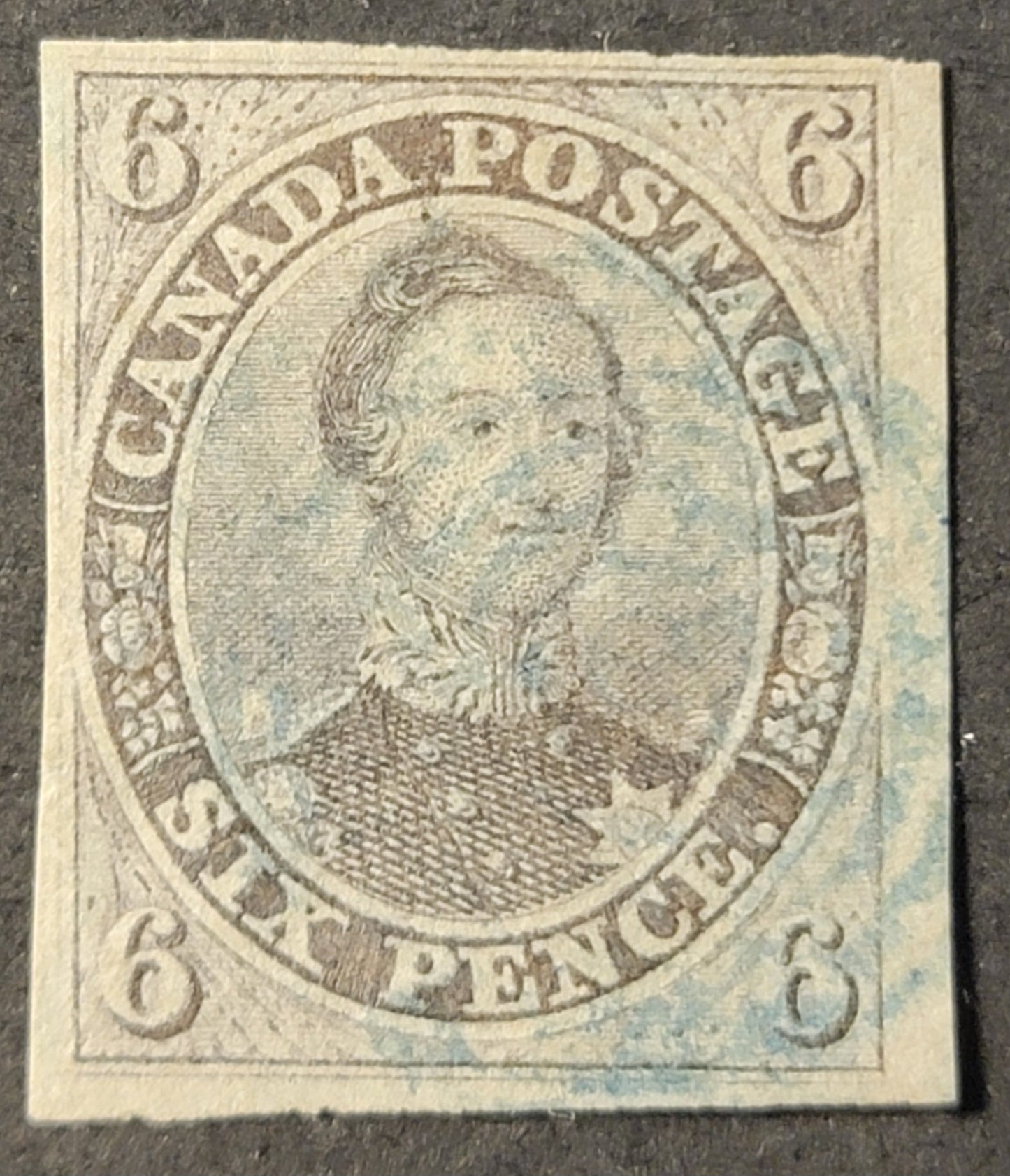 Lot 303 Canada (C) #2 6d Slate Violet, Prince Albert, Vertical Laid Paper, 1851 Pence Issue, A VF Used Example With 4 Clear Margins & Light Blue Target Cancel