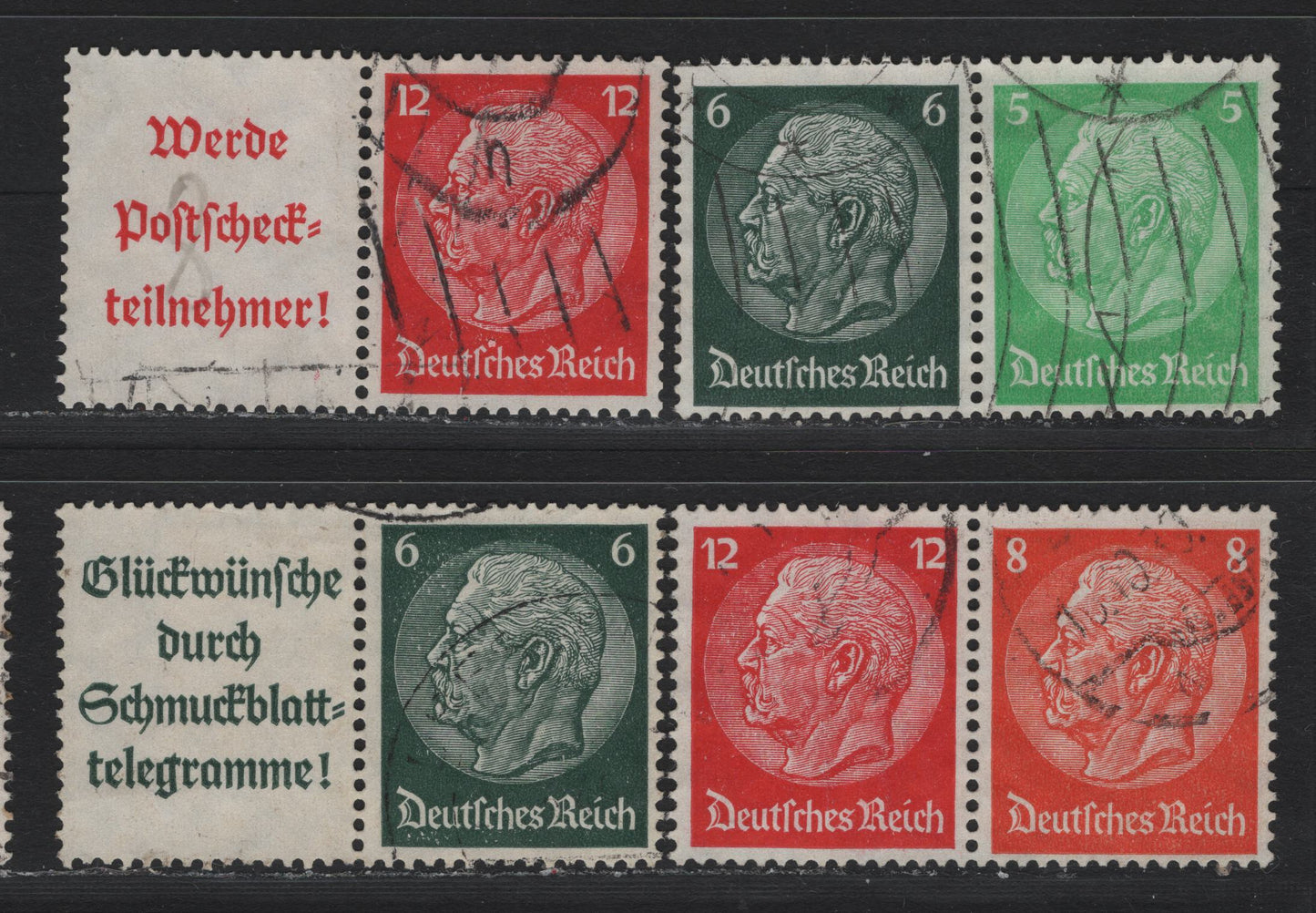 Lot 100 Germany SC#418-420, 422 (W81, W83, W85-W86) 5pf - 12pf Emerald - Carmine , 1933-1936 Hindenberg Issue, 4 Fine/Very Fine Used Horizontal Booklet Pairs & Label-Stamp Booklet Pairs