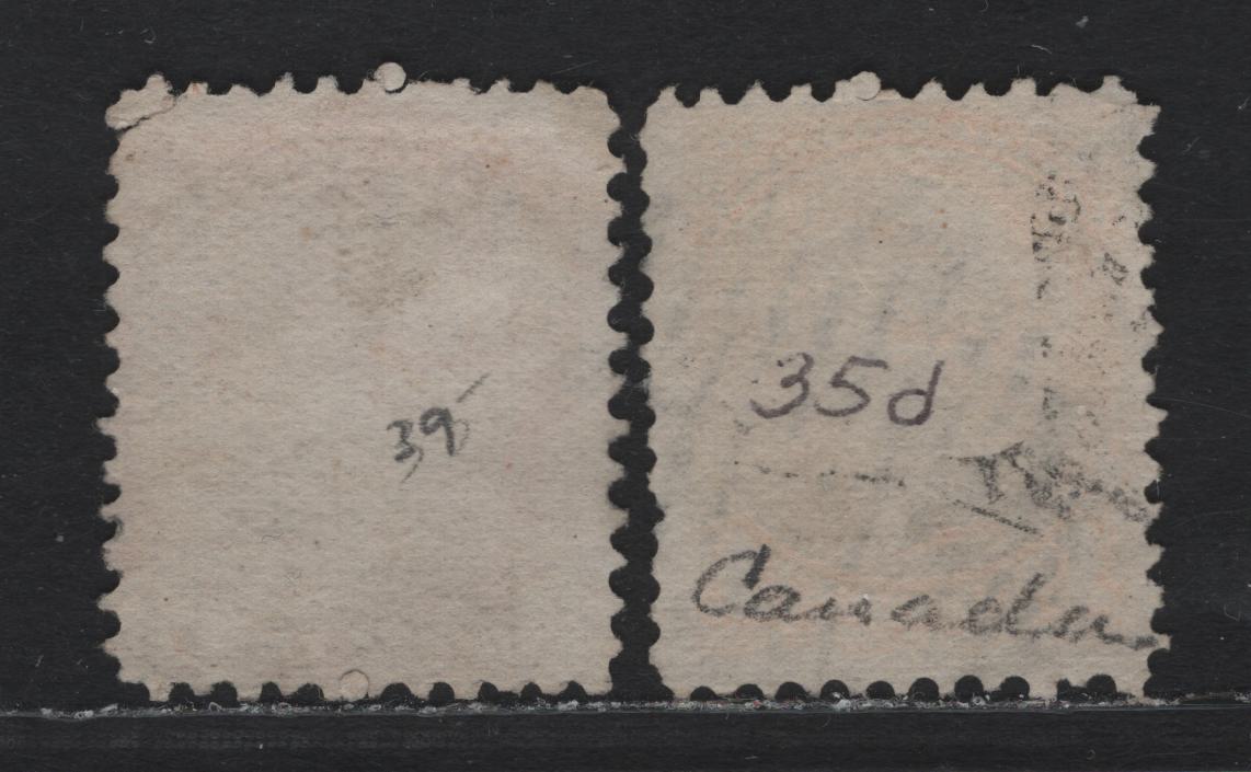 Lot 10 Canada #35vii, 39v 1c - 6c Yellow - Yellow Brown Queen Victoria, 1870-1893 Small Queen Issue, 2 Fair/Very Good Used Singles, Mid Montreal Printings, MM-B Paper, Including Rare Perf Of The 6c.