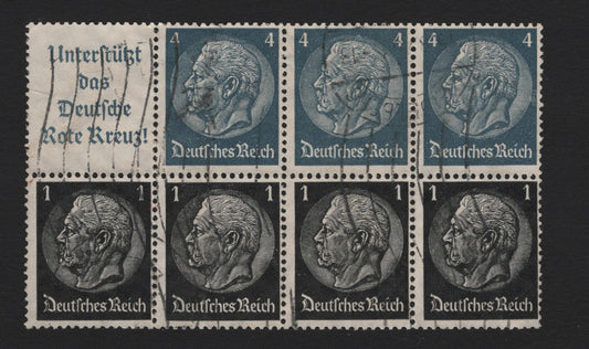 Lot 101 Germany SC#4.15a (98B) 1pf+4pf Black & Gray Blue , 1933-1936 Hindenberg Issue, A Fine Used Booklet Pane Of 7+Label