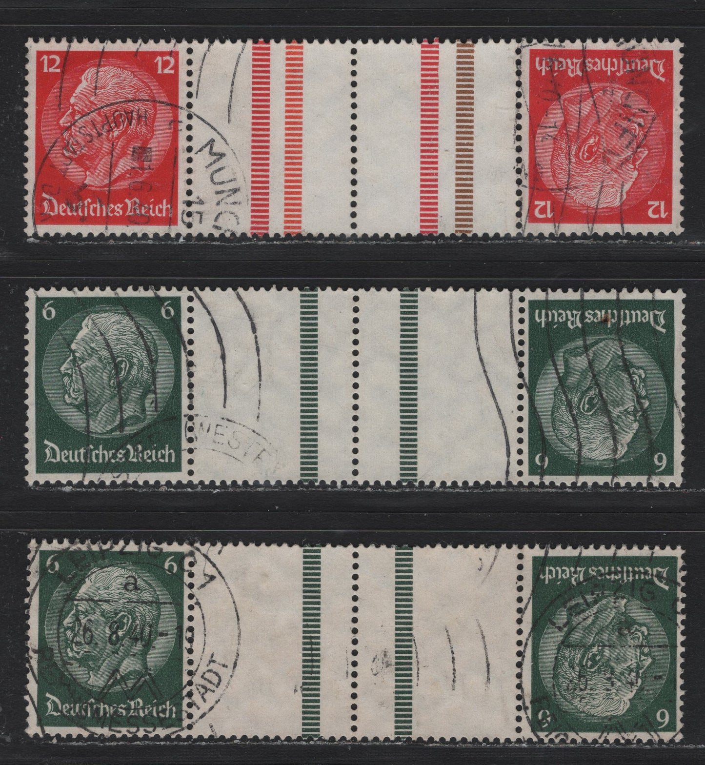 Lot 102 Germany SC#419, 422 (KZ22.5, KZ22.6, KZ23.3) 6pf - 12pf Dark Green - Carmine , 1933-1936 Hindenberg Issue, 3 Fine/Very Fine Used Tete-Beche Booklet Gutter Pairs, 3 Colors Of Bars On 12pf, Spacing Between Bars On 6pf Being 9.5 & 10.5mm