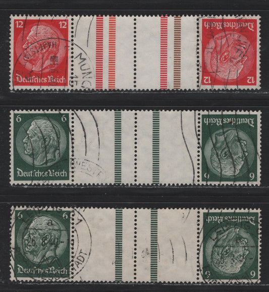 Lot 102 Germany SC#419, 422 (KZ22.5, KZ22.6, KZ23.3) 6pf - 12pf Dark Green - Carmine , 1933-1936 Hindenberg Issue, 3 Fine/Very Fine Used Tete-Beche Booklet Gutter Pairs, 3 Colors Of Bars On 12pf, Spacing Between Bars On 6pf Being 9.5 & 10.5mm