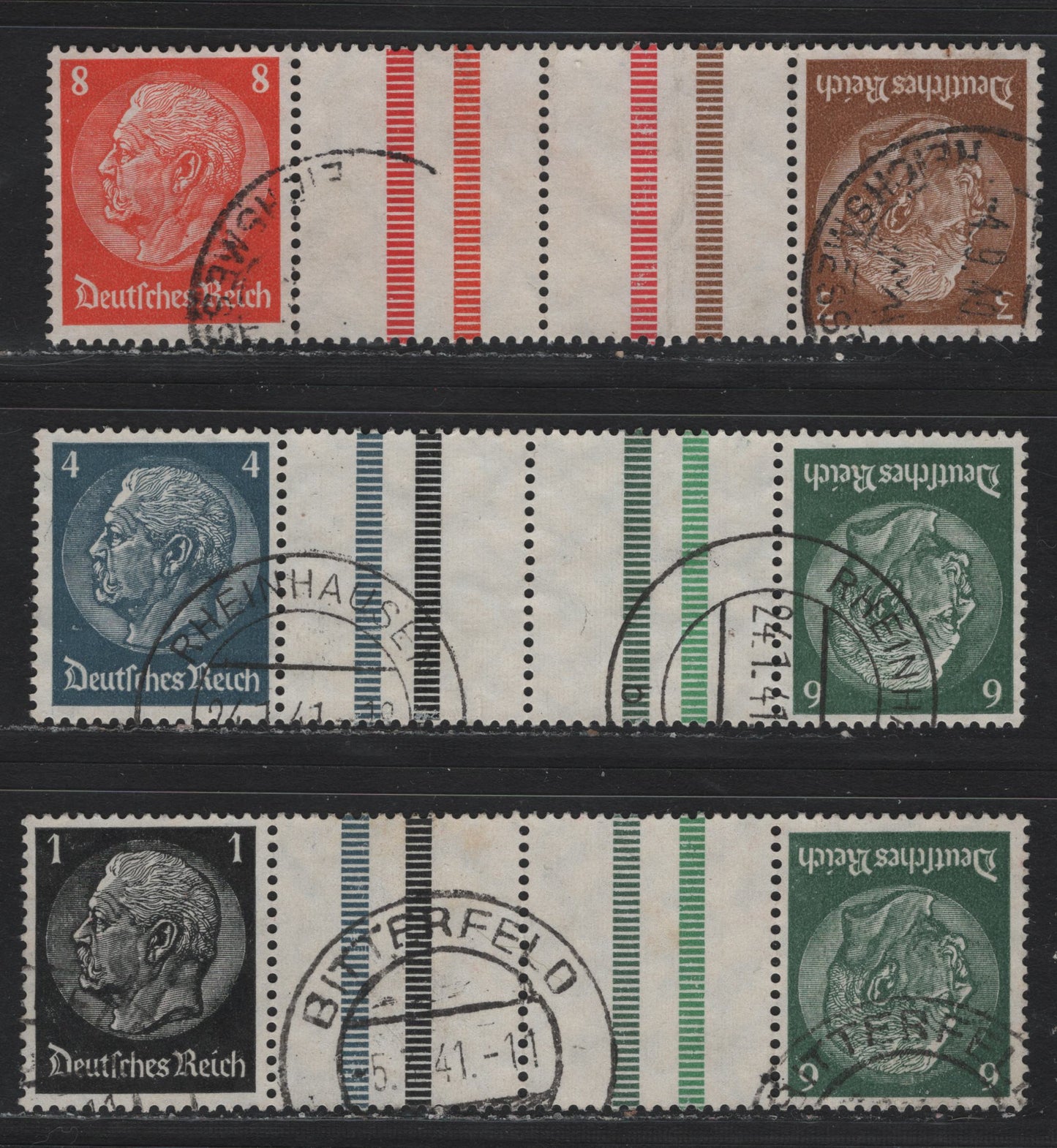 Lot 103 Germany SC#415/420 (KZ34-36) 1pf - 8pf Black - Orange , 1933-1936 Hindenberg Issue, 3 Fine/Very Fine Used Tete-Beche Booklet Gutter Pairs
