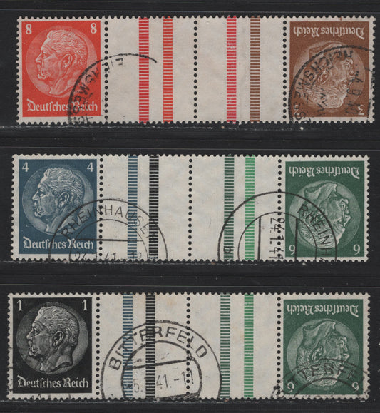 Lot 103 Germany SC#415/420 (KZ34-36) 1pf - 8pf Black - Orange , 1933-1936 Hindenberg Issue, 3 Fine/Very Fine Used Tete-Beche Booklet Gutter Pairs