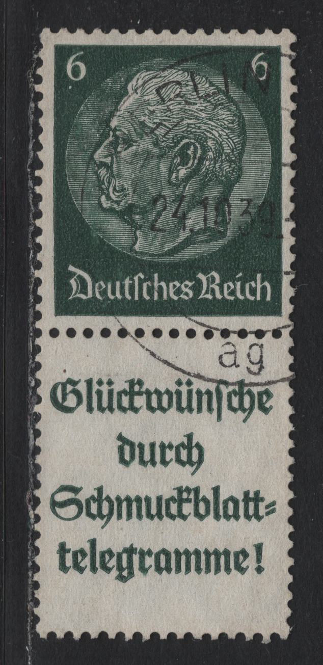 Lot 104 Germany SC#419 (S185) 6pf Dark Green , 1933-1936 Hindenberg Issue, A Very Fine Used Vertical Stamp-Label Booklet Pair, October 24 1939 Berlin CDS Cancel, Dark Green Advert As Opposed To Emerald Green Ads In Lot 106