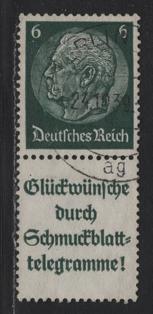 Lot 104 Germany SC#419 (S185) 6pf Dark Green , 1933-1936 Hindenberg Issue, A Very Fine Used Vertical Stamp-Label Booklet Pair, October 24 1939 Berlin CDS Cancel, Dark Green Advert As Opposed To Emerald Green Ads In Lot 106