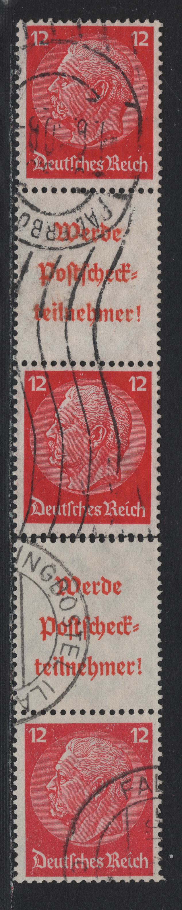 Lot 105 Germany SC#422 (S203, S206) 12pf Carmine , 1933-1936 Hindenberg Issue, 2 Fine Used Label-Stamp & Stamp-Label-Stamp Booklet Pairs & Strip, Orange Adverts
