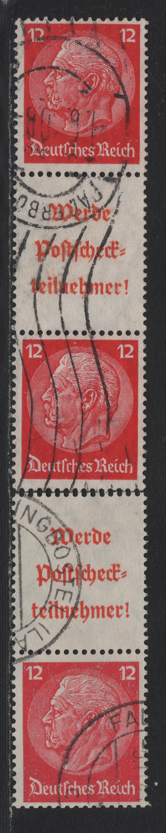 Lot 105 Germany SC#422 (S203, S206) 12pf Carmine , 1933-1936 Hindenberg Issue, 2 Fine Used Label-Stamp & Stamp-Label-Stamp Booklet Pairs & Strip, Orange Adverts