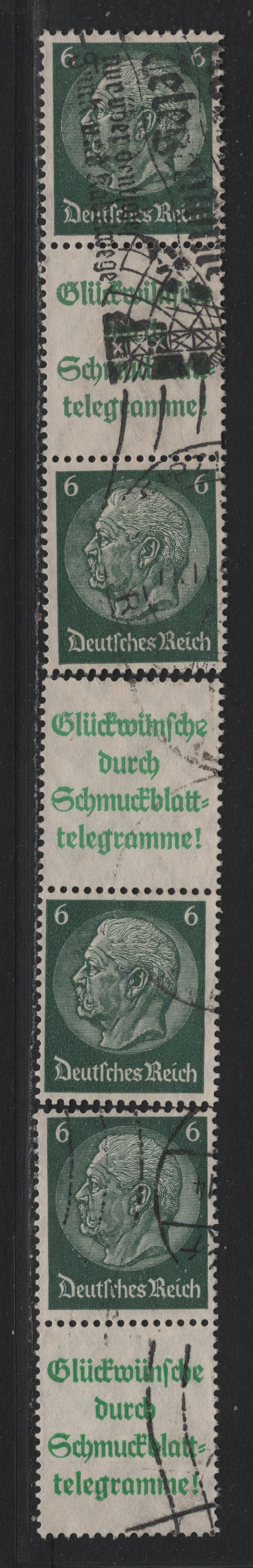 Lot 106 Germany SC#419 (S207.1, S209.1, S210.1) 6pf Dark Green , 1933-1936 Hindenberg Issue, 3 Fine Used Stamp-Label-Stamp Booklet Strip Of 3 & Booklet Pairs, Emerald Green Adverts