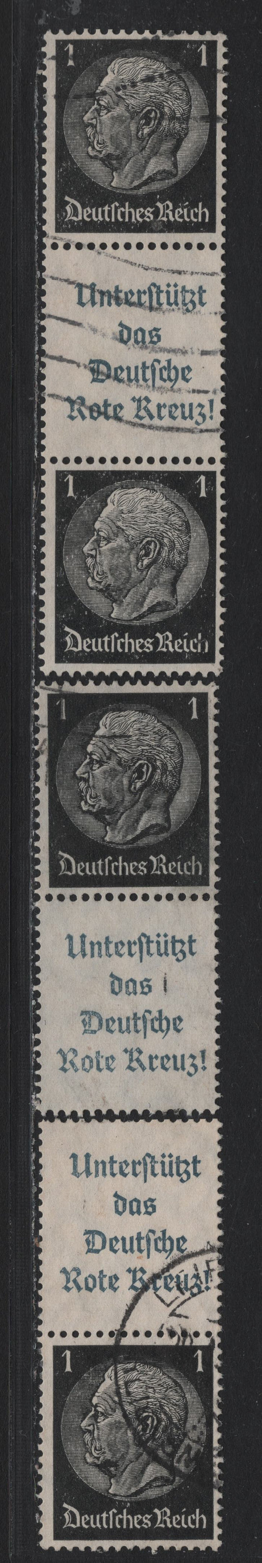 Lot 107 Germany SC#415 (S521, S213-S214) 1pf Black , 1933-1936 Hindenberg Issue, 3 Fine/Very Fine Used Vertical Label-Stamp & Stamp-Label Booklet Pairs & S-L-S Booklet Strip Of 3