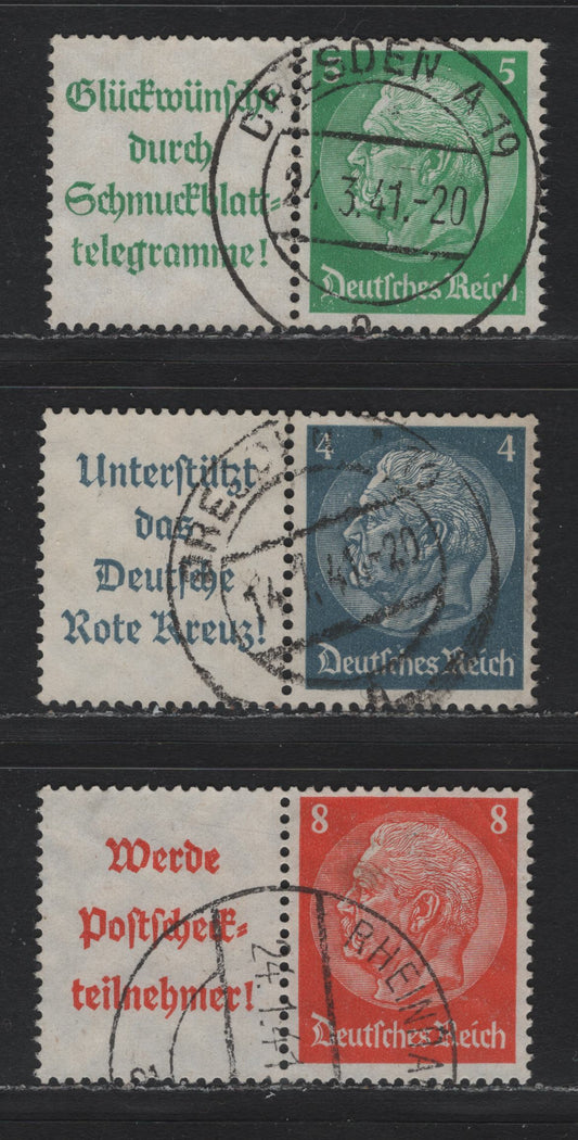 Lot 108 Germany SC#417-418, 420 (W87, W88.1, W89) 4pf - 8pf Gray Blue - Orange , 1933-1936 Hindenberg Issue, 3 Fine/Very Fine Used Horizontal L-S Pairs, 8pf Has A Small Diagonal Corner Crease