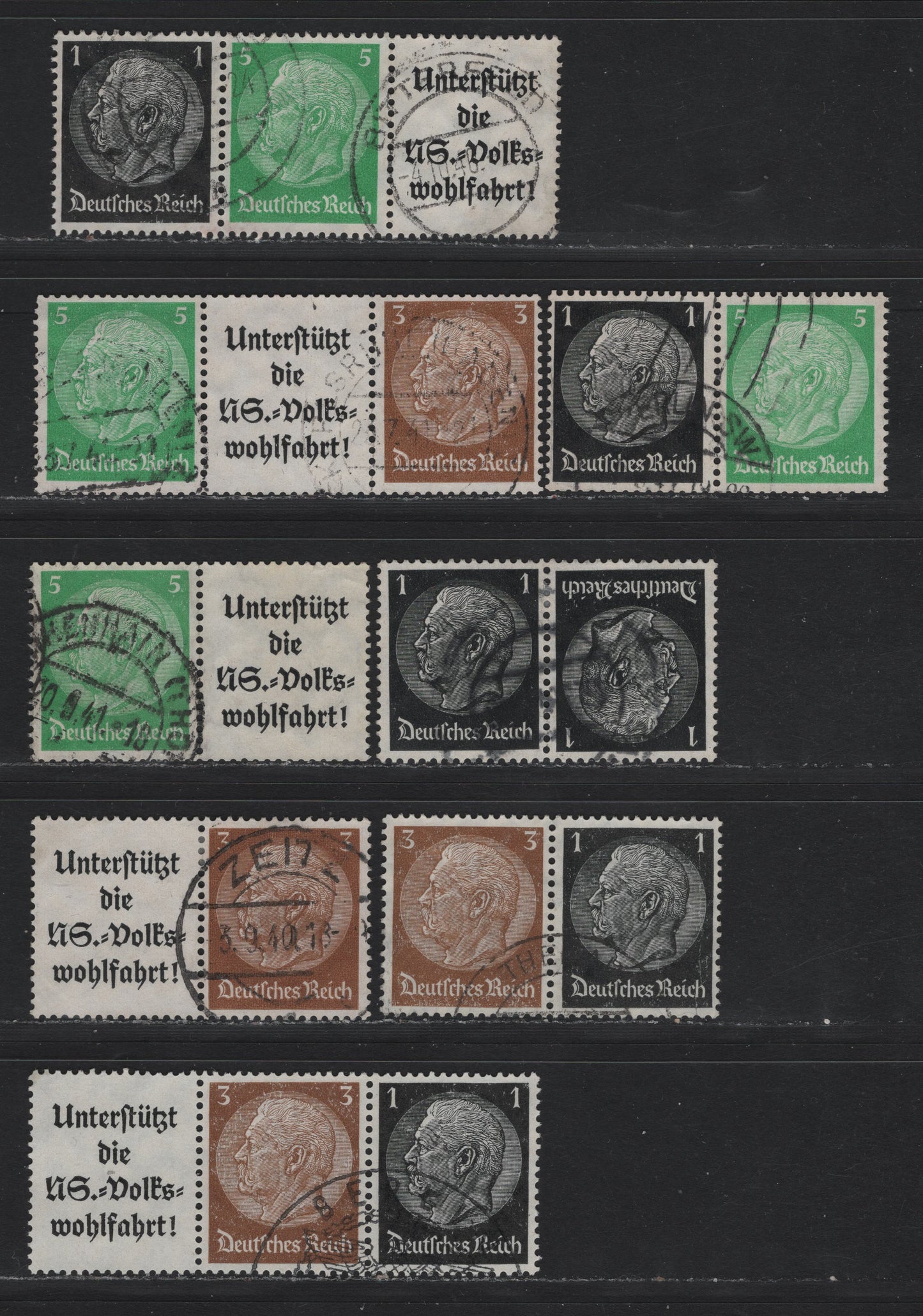 Lot 109 Germany SC#415-416, 418 (K21, W71-77) 1pf - 5pf Black - Emerald Green , 1933-1936 Hindenberg Issue, 8 Fine/Very Fine Used Coil Pairs & Strips, W77 Has A Vertical Crease