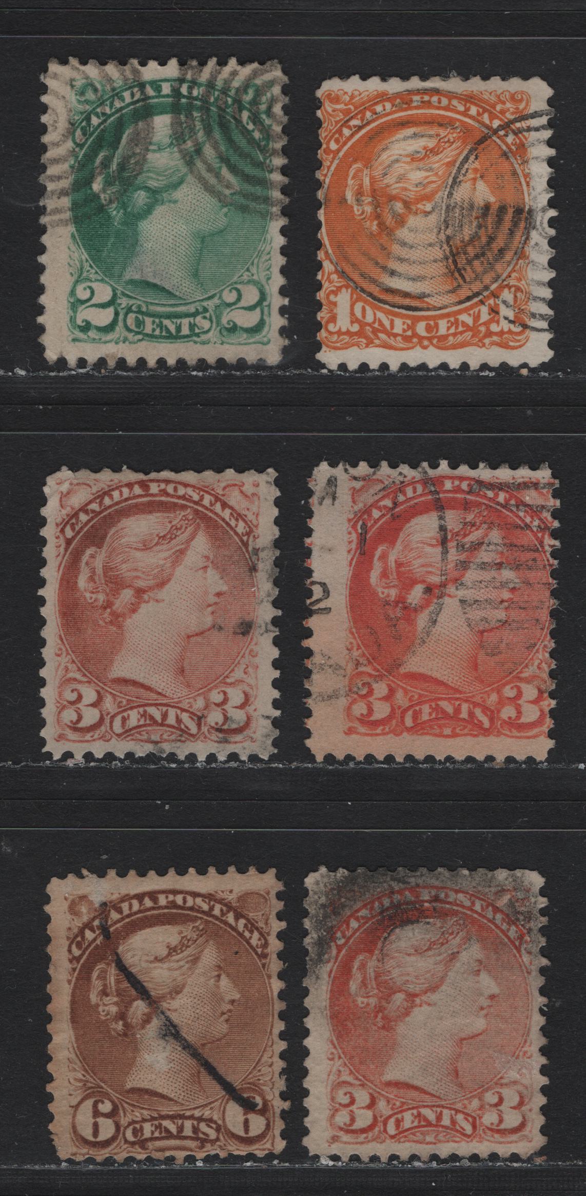 Lot 11 Canada #35a, 36d, 37c,ii, 39d, 41 1c - 6c Orange - Orange Vermillion Queen Victoria, 1870-1897 Small Queen Issue, 6 Good/Very Good Used Singles, Perfs 11.5x12 & 12, Mostly Montreal Printings & 1 2nd Ottawa Printing