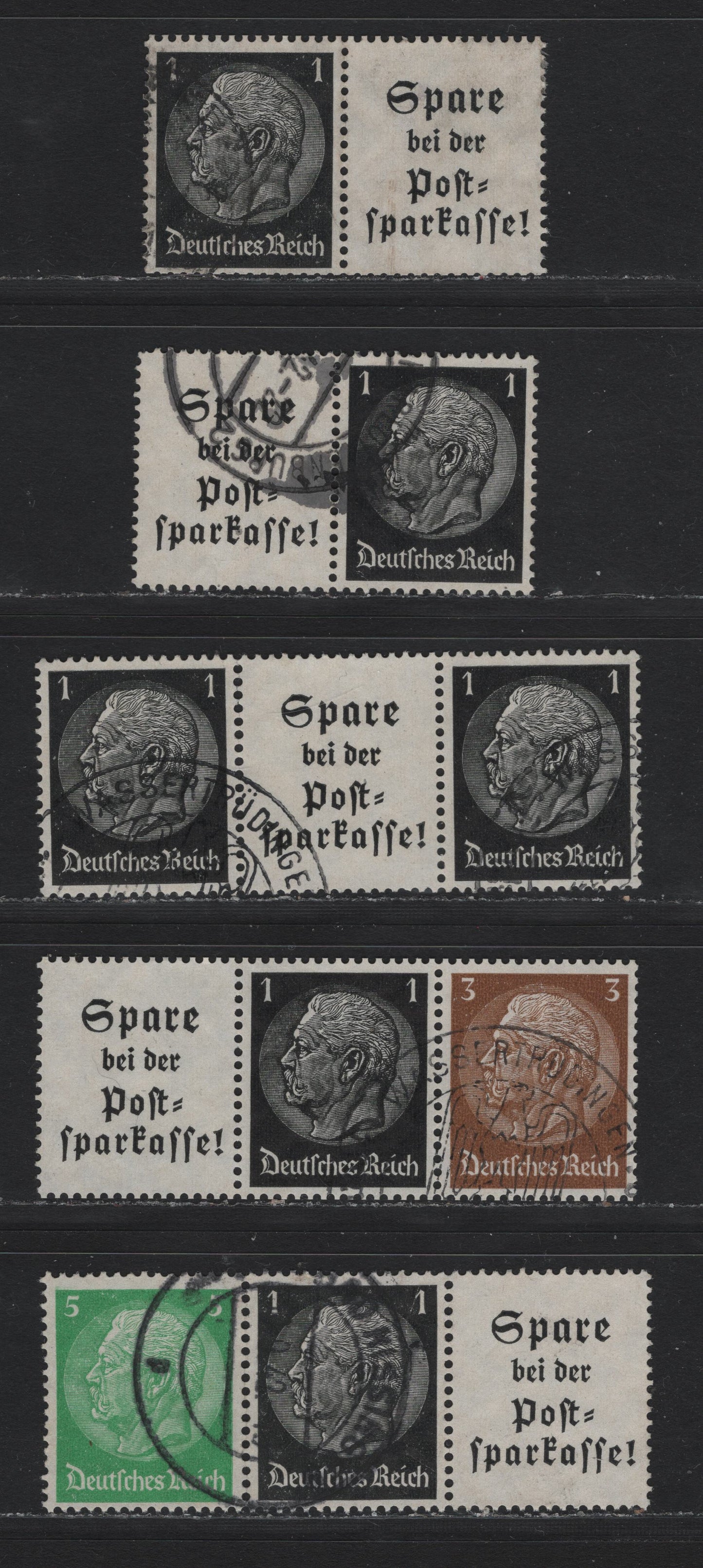 Lot 111 Germany SC#415-416, 418 (W96-W100) 1pf - 5pf Black - Emerald Green , 1933-1936 Hindenberg Issue, 5 Very Fine Used Coil Strips & Pairs