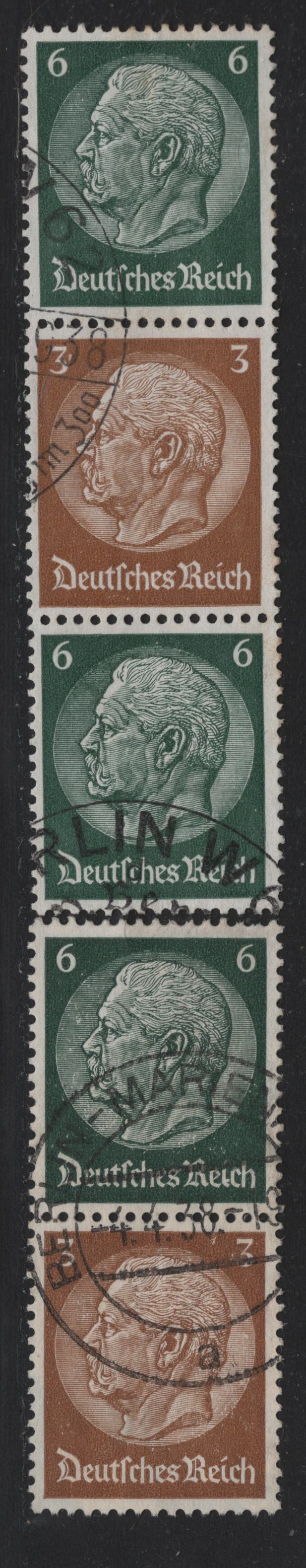 Lot 113 Germany SC#416, 419 (S153-S154) 3pf - 6pf Brown - Dark Green , 1933-1936 Hindenberg Issue, 2 Very Fine Used Vertical Booklet Pair & Strip Of 3