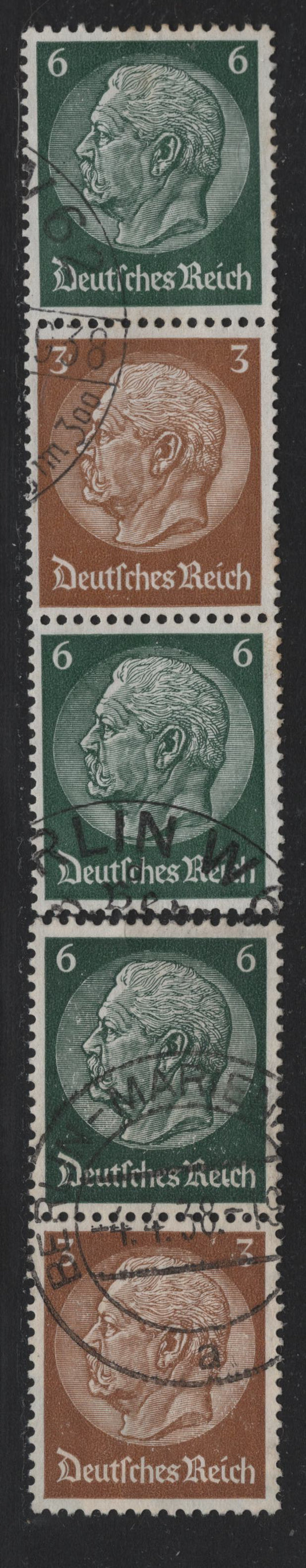 Lot 113 Germany SC#416, 419 (S153-S154) 3pf - 6pf Brown - Dark Green , 1933-1936 Hindenberg Issue, 2 Very Fine Used Vertical Booklet Pair & Strip Of 3