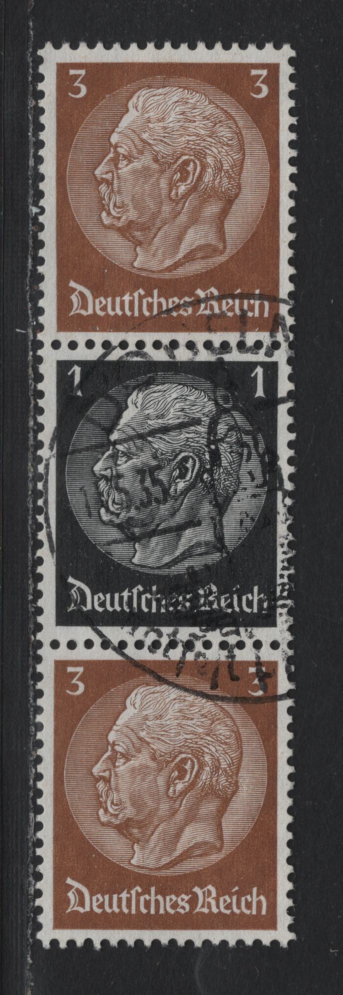 Lot 115 Germany SC#415-416 (S118) 3pf - 1pf Brown - Black , 1933-1936 Hindenberg Issue, A Very Fine Used Vertical Booklet Strip Of 3