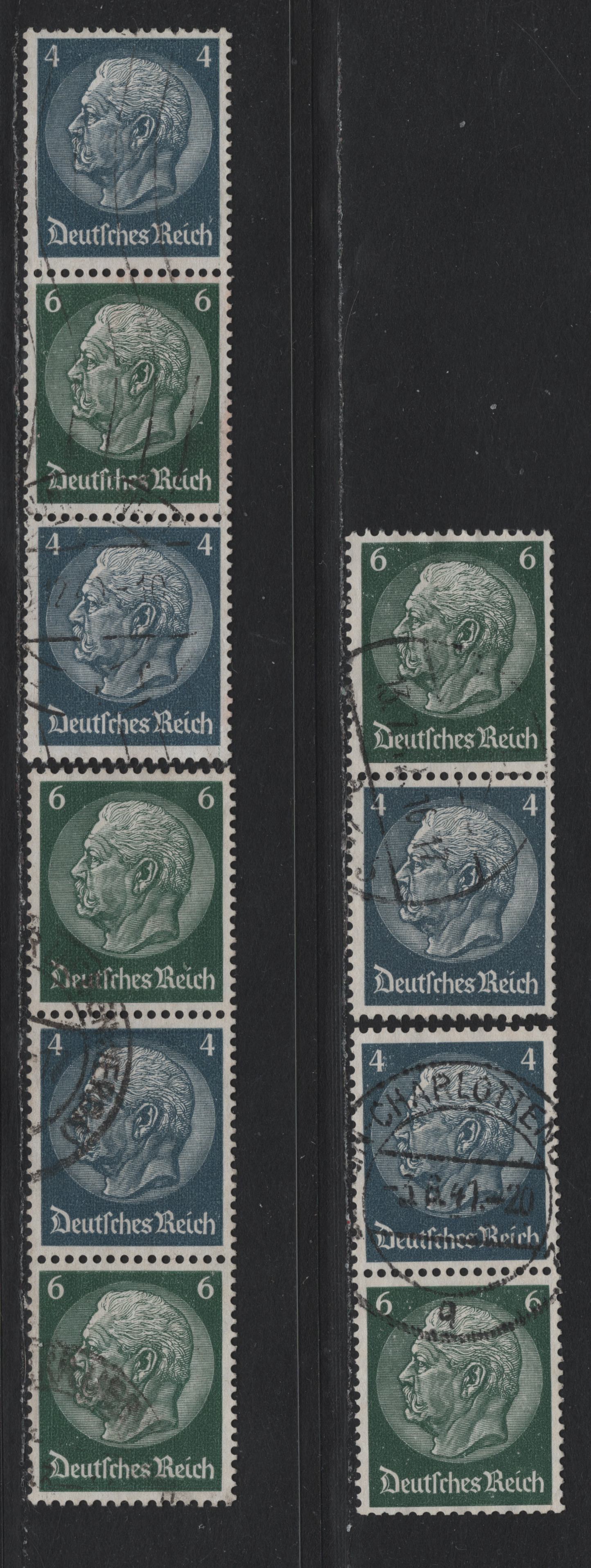 Lot 116 Germany SC#417, 419 (S215-S218) 4pf - 6pf Dull Blue & Dark Green , 1933-1936 Hindenberg Issue, 4 Fine/Very Fine Used Coil Pairs & Strips