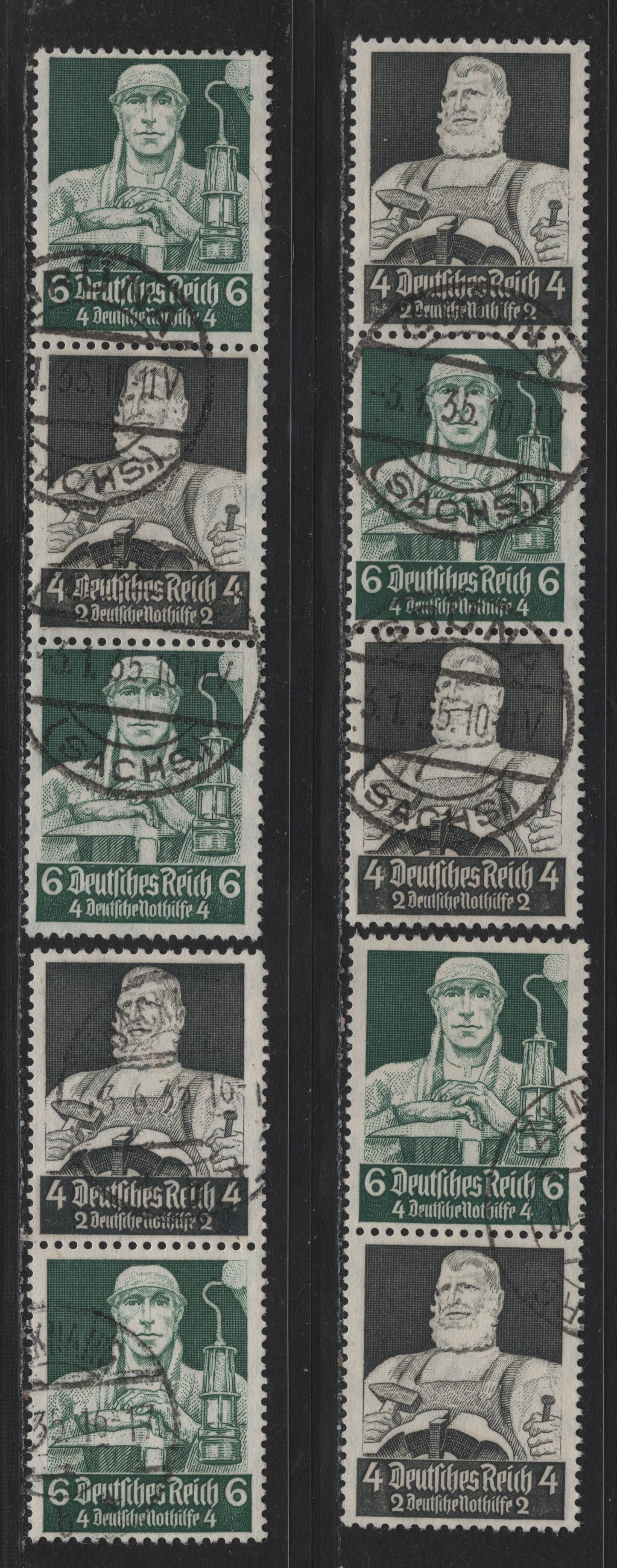 Lot 118 Germany SC#B60, B62 4pf+2pf - 6pf+4pf Black - Dull Green , 1934 Semi Postal Issue, 4 Very Fine Used Vertical Booklet Pairs & Strips Of 3