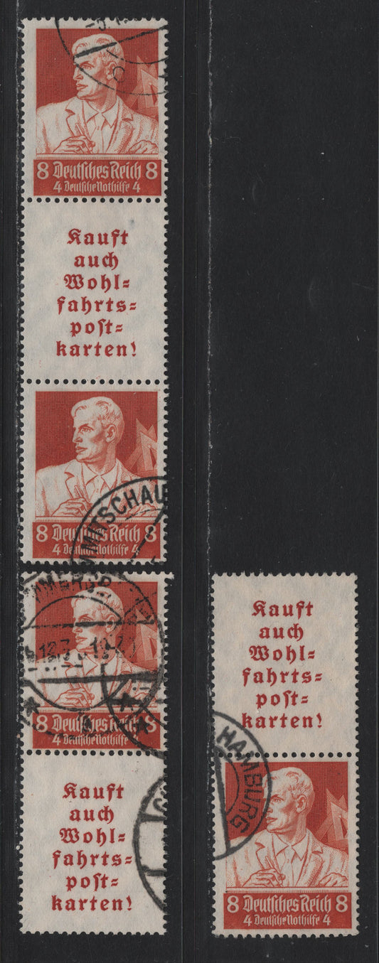 Lot 119 Germany SC#B63 8pf+4pf Orange Brown , 1934 Semi Postal Issue, 3 Fine/Very Fine Used Vertical L-S, S-L Booklet Pairs & S-L-S Booklet Strip
